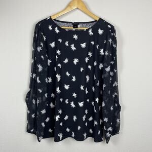 Ann‎ Taylor Factory Sheer Ruffle Blouse Black White Print Size L Whimsigoth